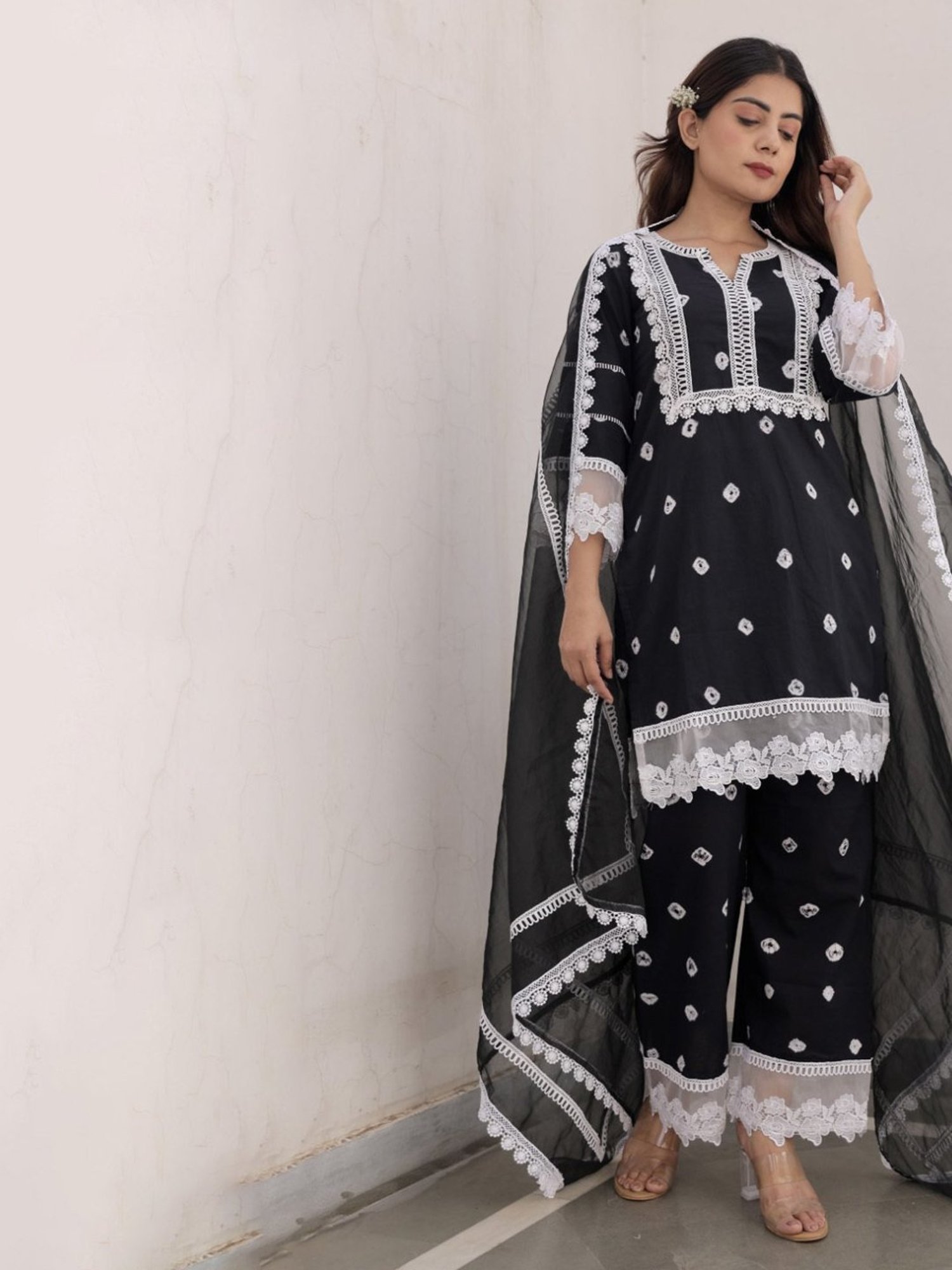 Asrumo Black Sukoon Summer Tie And Dye Cotton Straight Kurta with Palazzo and Dupatta