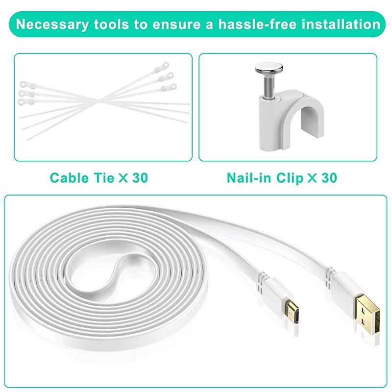 Micro USB Power Cable 30 FT 2 PackFlat Micro USB Charging Power CordCharger for Wyze Cam PanYi CamNest CamBlink XT CameraFurbo DogArlo QNetvueXbox One Controller 30 Feet White