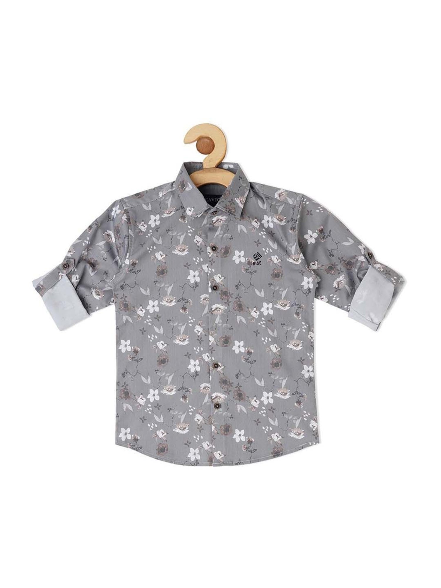 Cavio Kids Grey Cotton Floral Print Full Sleeves Shirt