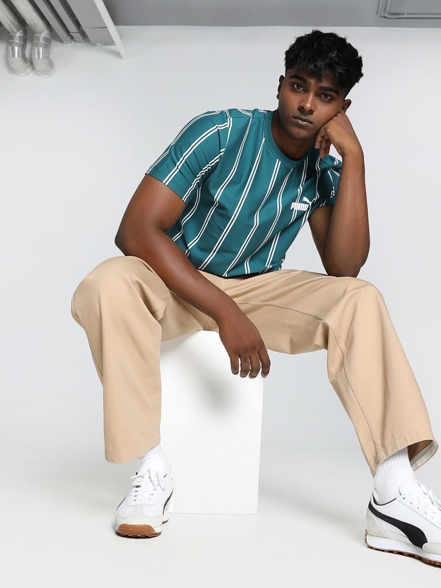 Puma Sports Club Green Cotton Regular Fit Striped T-Shirt