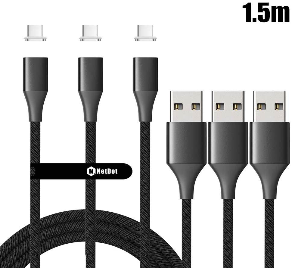 NetDot Gen10 USB-C Nylon Braided Magnetic Fast Charging Cable with Side LED Compatible with Type-c Device(5ft/3 Pack Black)