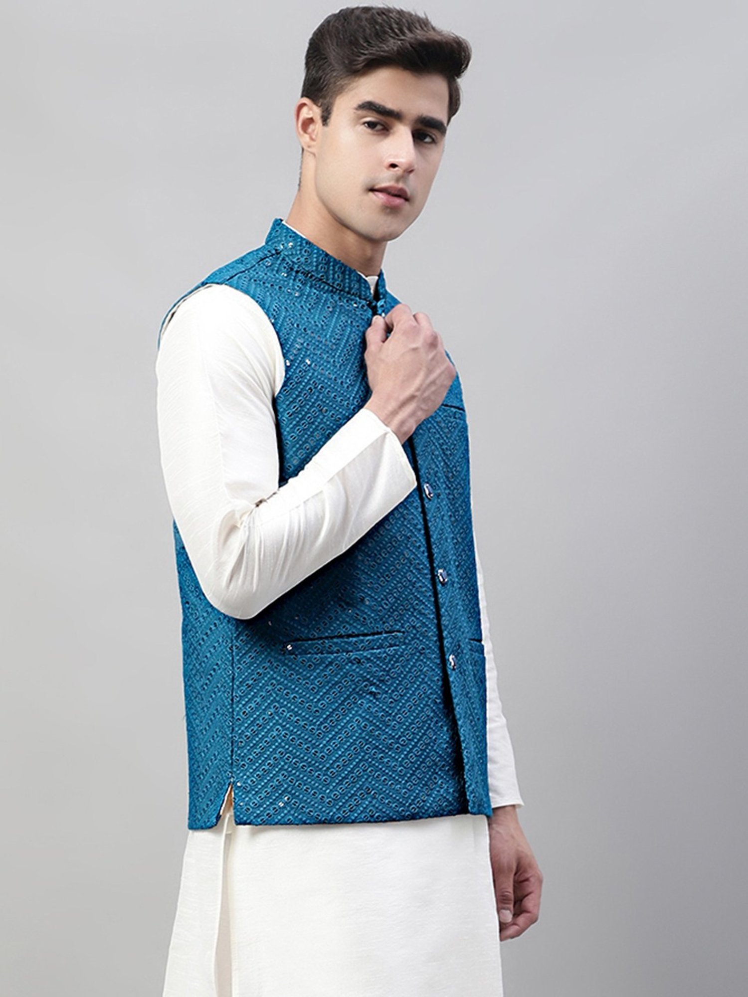 Jompers Peacock Blue Regular Fit Embroidered Nehru Jacket