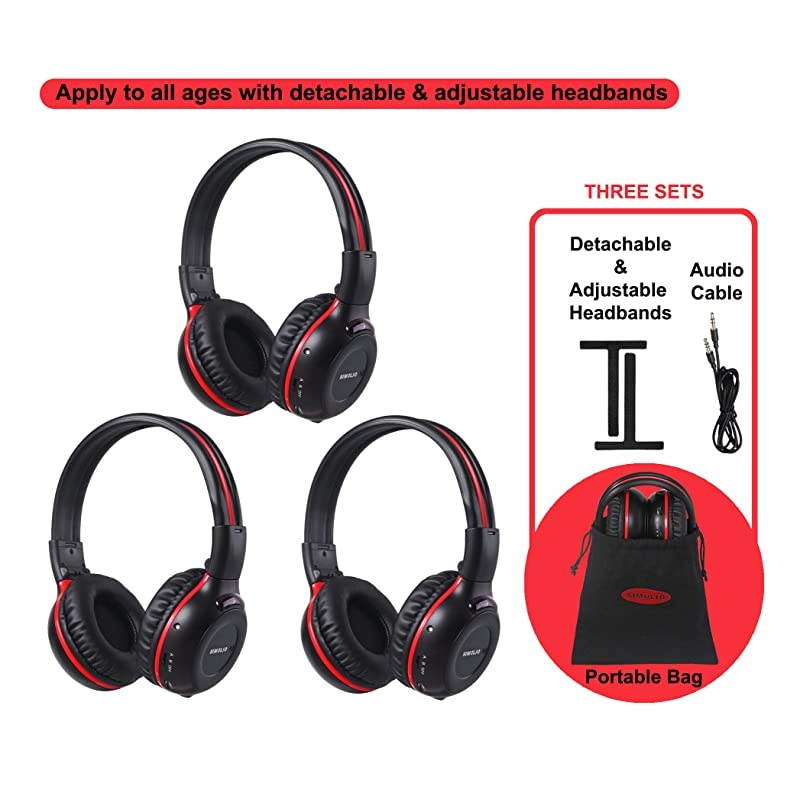 3 Pack of DVD Wireless Headphones with Storage Bag Durable Car Kids IR Headphones Wireless for Car Entertainment System Infrared Headphones with Aux Cord Not Work on 2017+ GMs or Pacifica