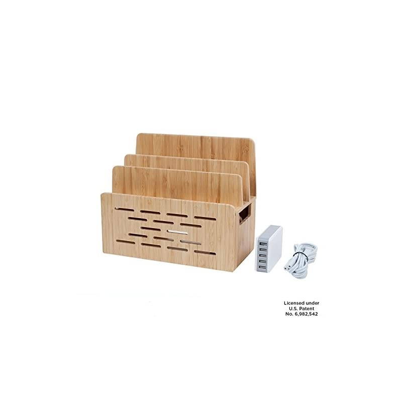 Universal Multi Device Cord Organizer Stand and Charging Station for Smartphones Tablets and Laptops Includes 5USB Port Hub Charger with Power Supply