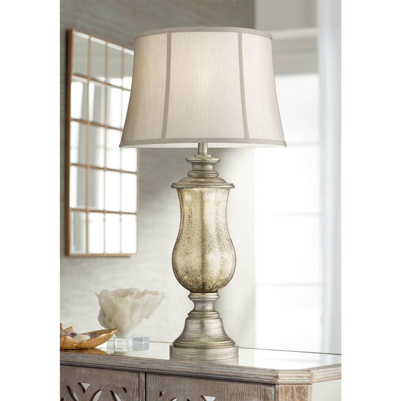 Barnes and Ivy Table Lamp with Nightlight Mercury Glass Urn Off White Fabric Bell Shade Living Room Bedroom Bedside Office Family
