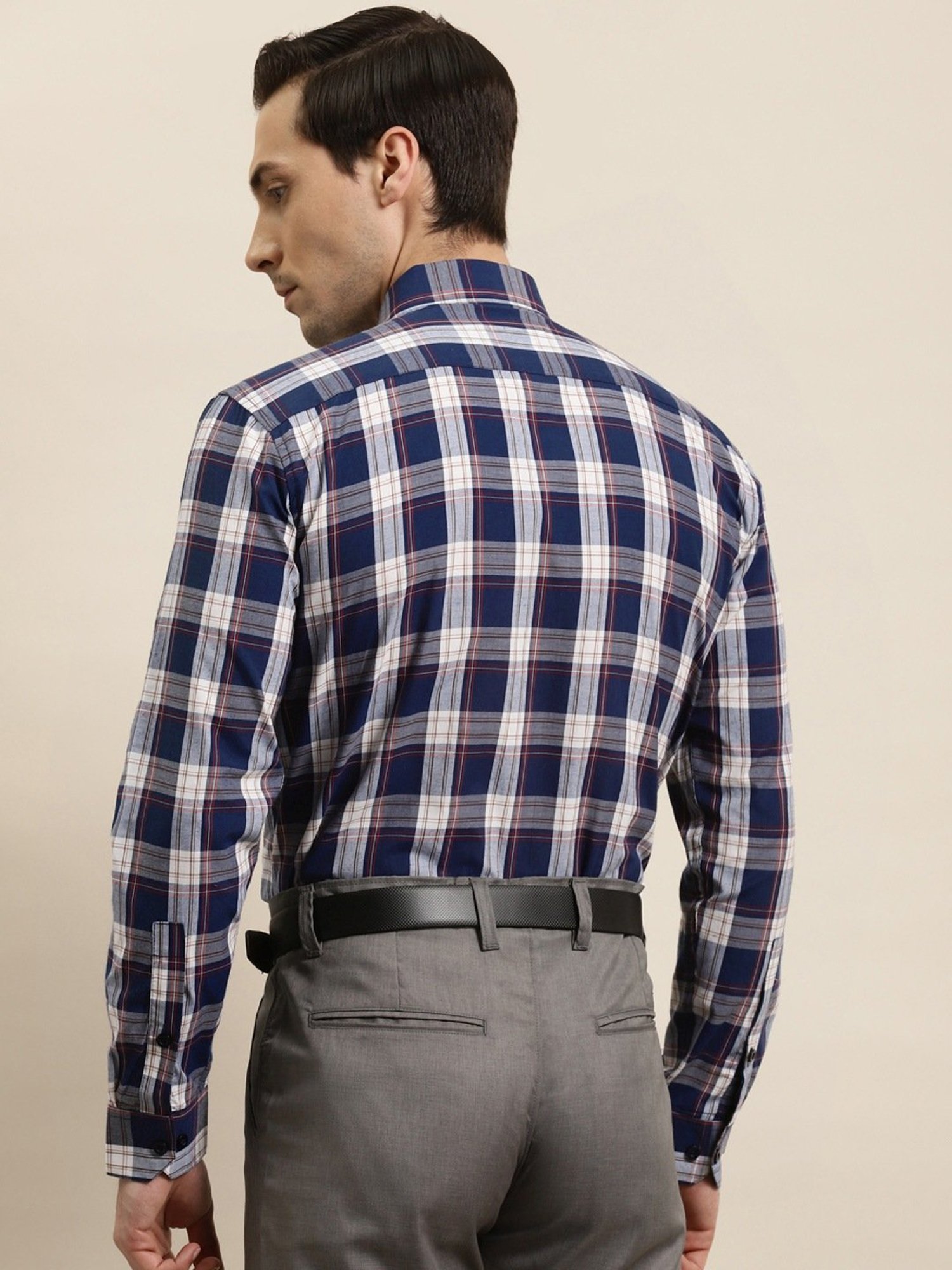 Sojanya Navy Cotton Regular Fit Checks Shirt