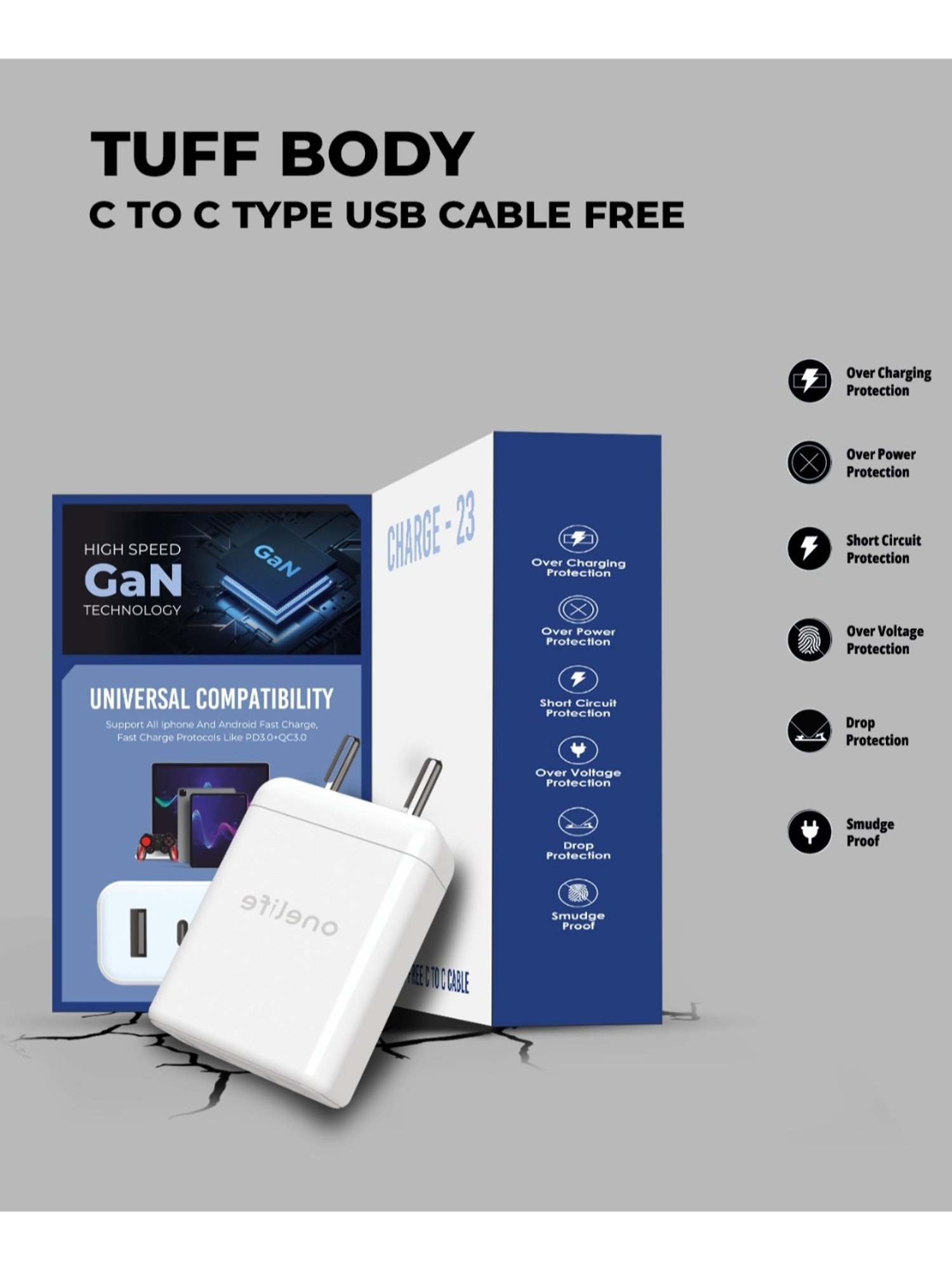 Onelife CH 23 65W USB Type C/A Wall Charger GaN Technology Fast Charging (White)