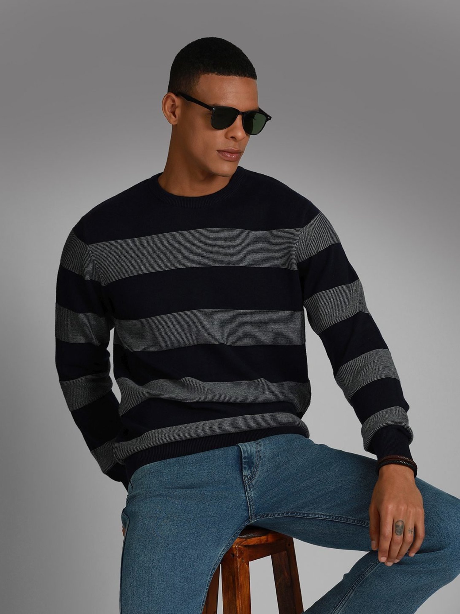 High Star Multicolored Cotton Regular Fit Striped Sweater