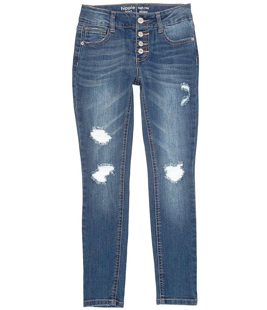 Hippie Girl Big Girls 7-16 Quadruple Snap-Button Destructed REPREVE&reg; Denim Skinny Jeans