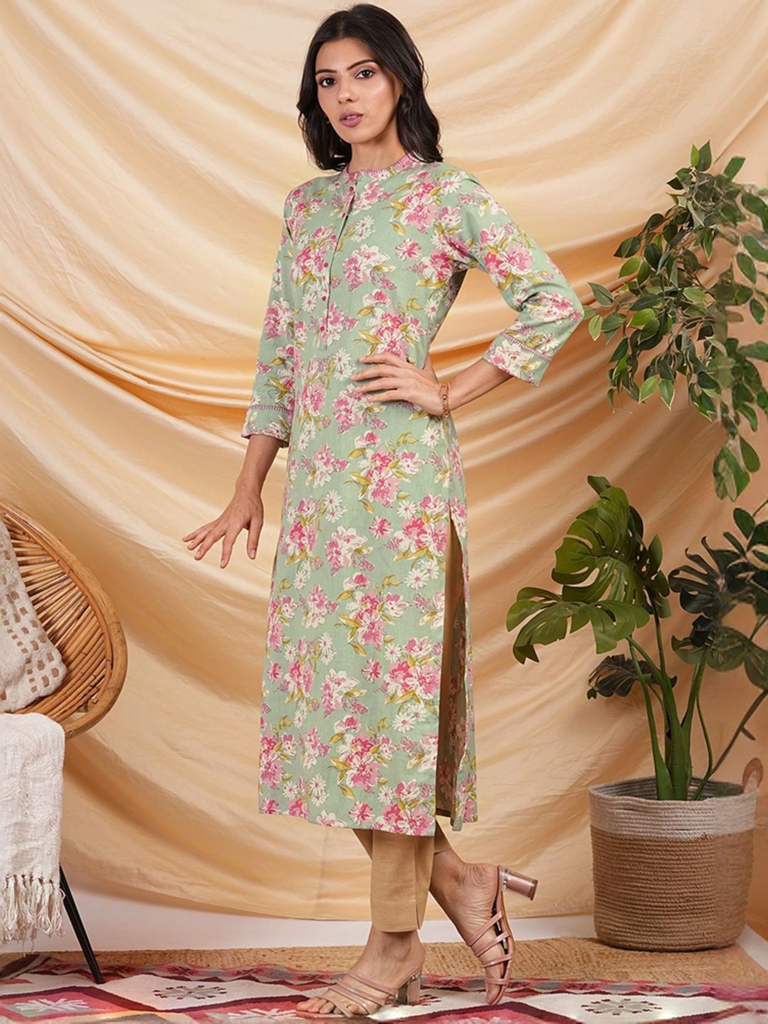 Kami Kubi Green Cotton Printed Straight Kurta