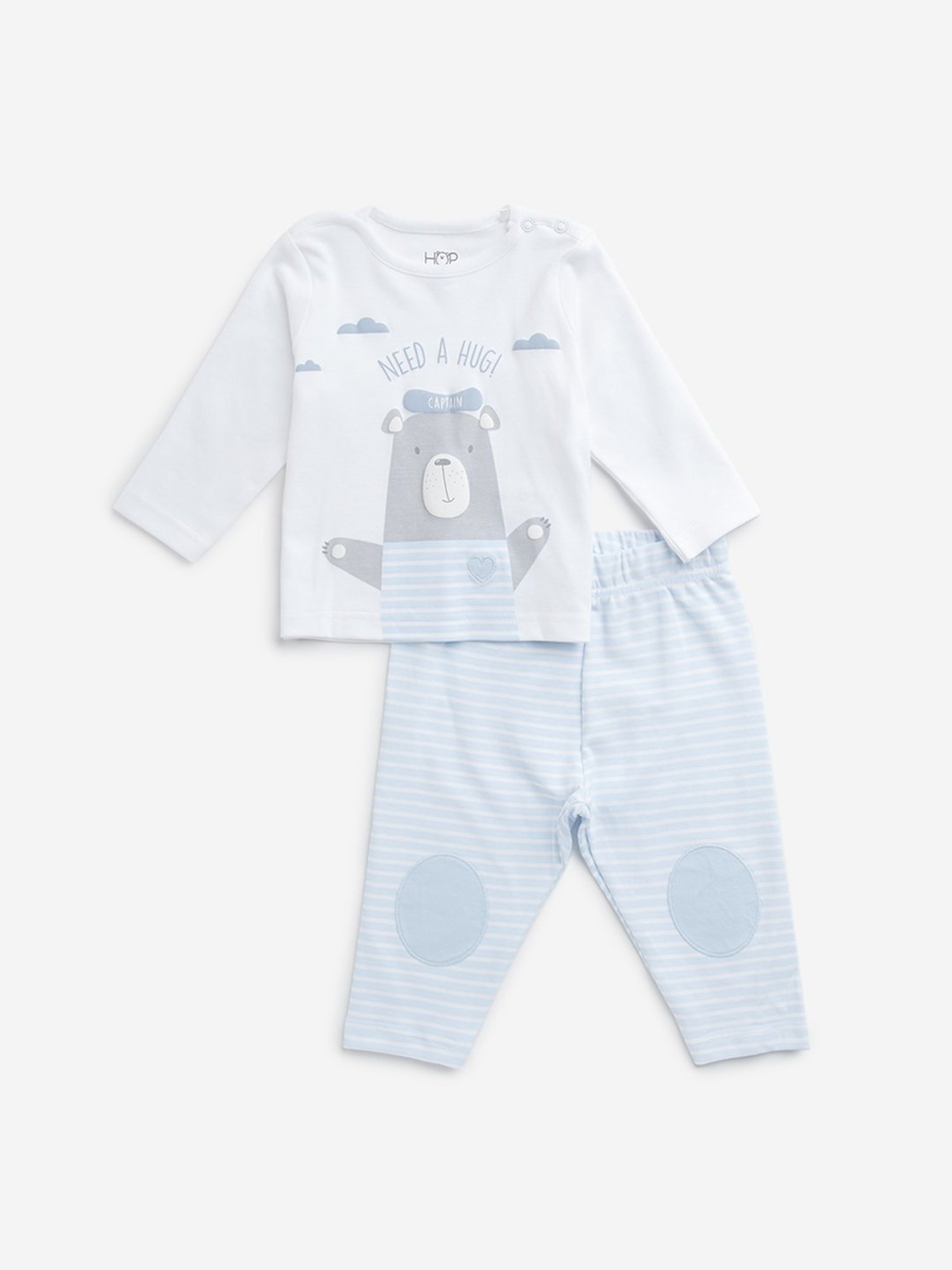 HOP Baby by Westside Light Blue Animal Print Cotton T-Shirt & Pants Set