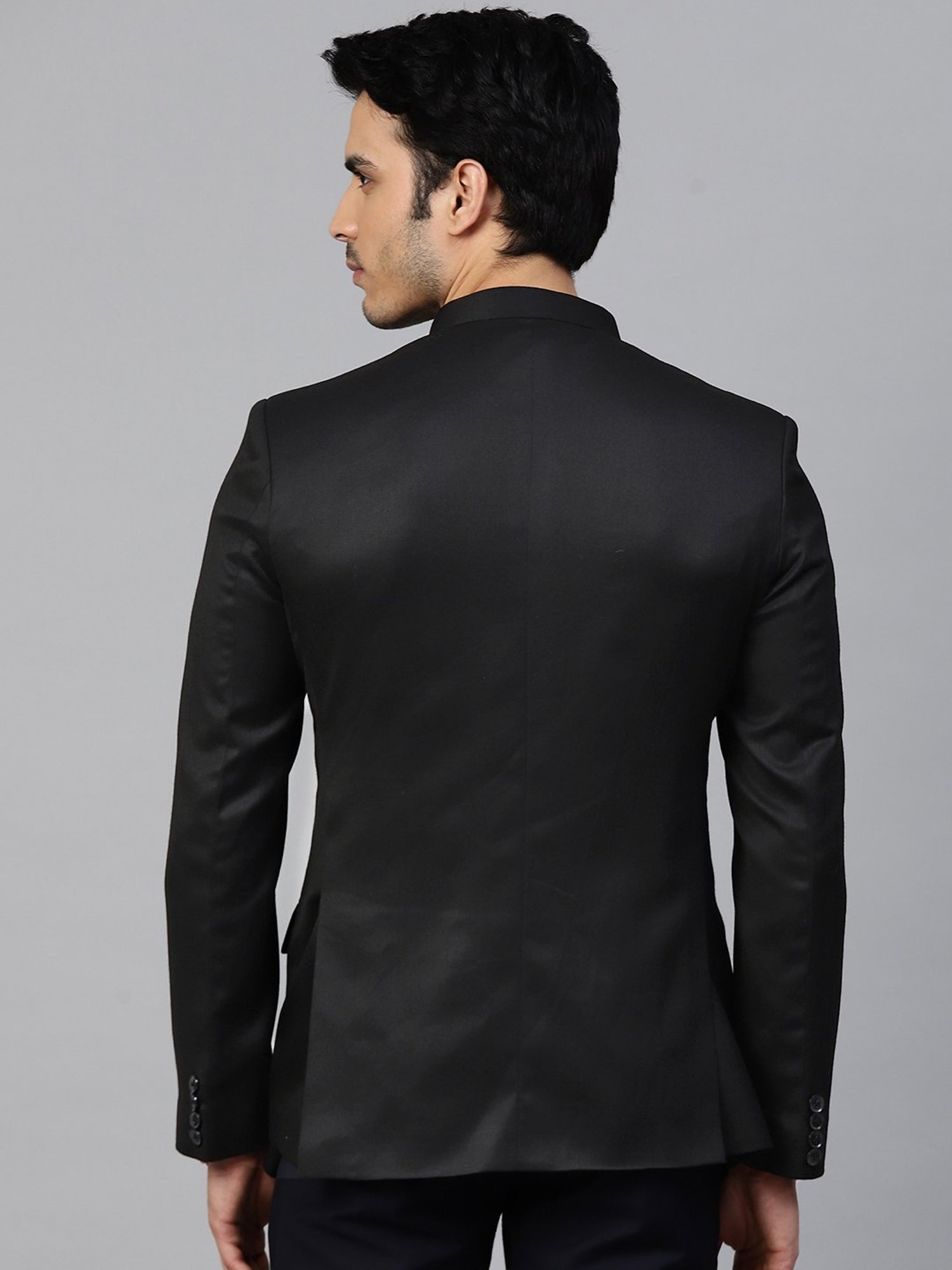 ManQ Black Slim Fit Mandarin Collar Blazer