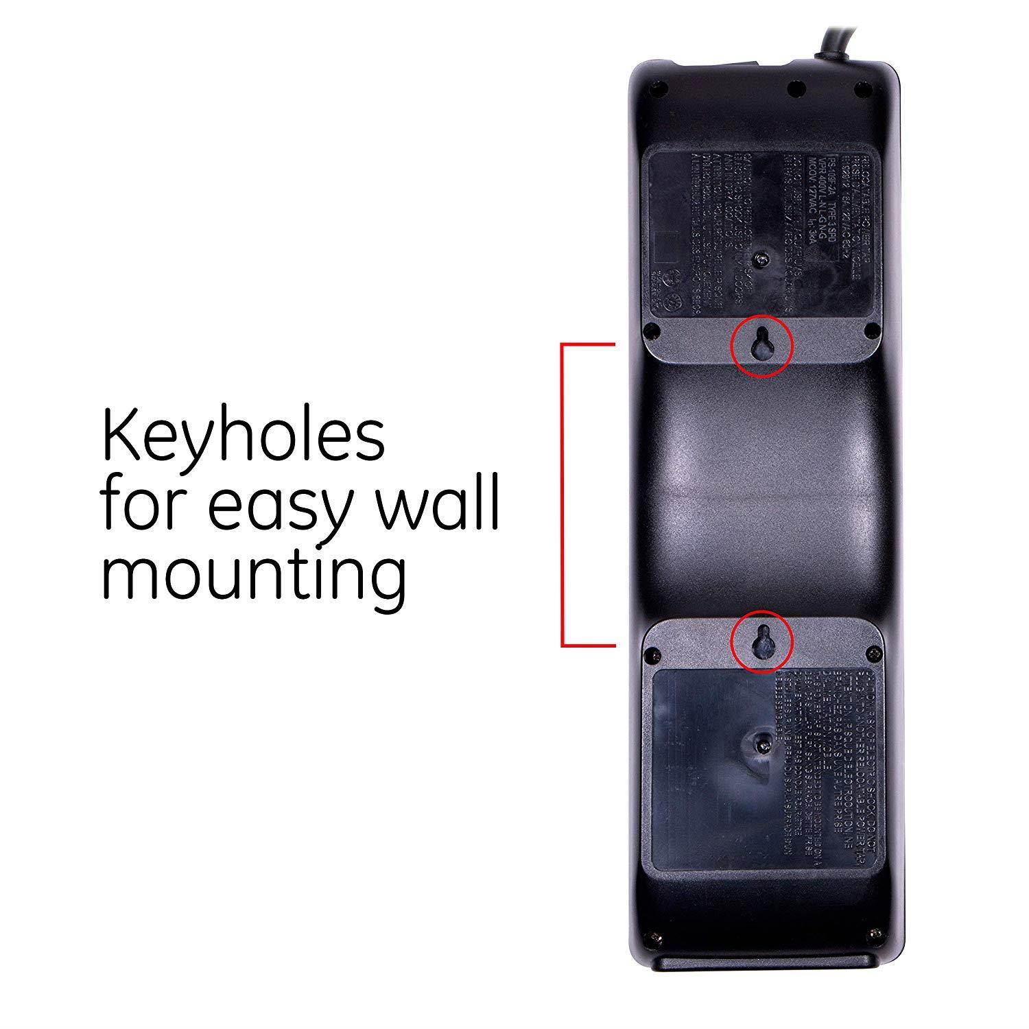 GE UltraPro Surge Protector, 10 Outlet Power Strip, 2 USB Charging Ports, Extra Long 6Ft Extension Cord, 3 Prong, Grounded, Flat Plug, 3000 Joules, UL Listed, Black, 14096