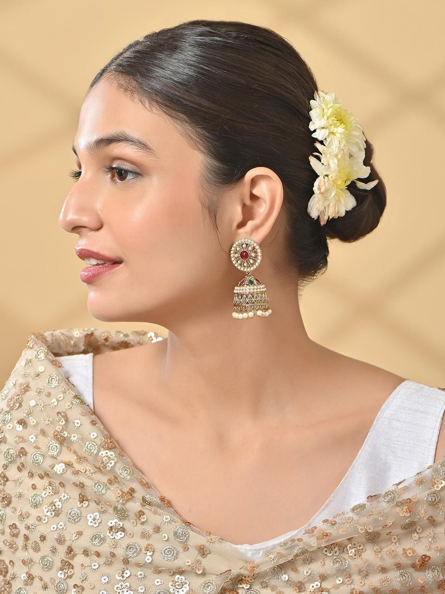 Fida Gold Plated Multicolor White Pearls Temple Jhumki Earrings for Women