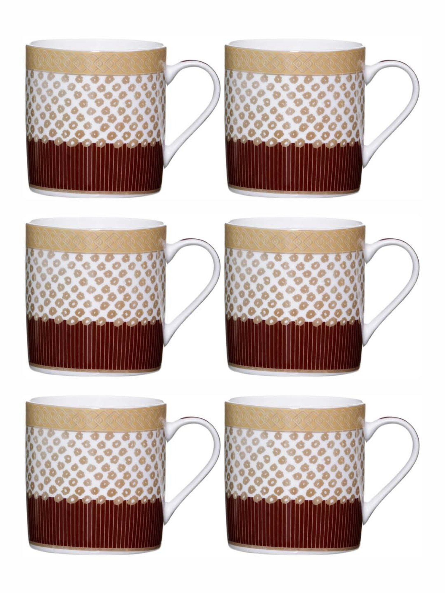 SONAKI White & Brown Bone China Tea Coffee Mugs - Set of 6