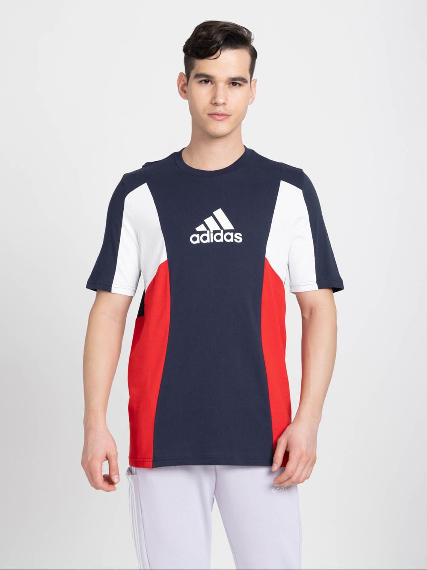 Adidas Black Cotton Regular Fit Colour Block Sports T-Shirt