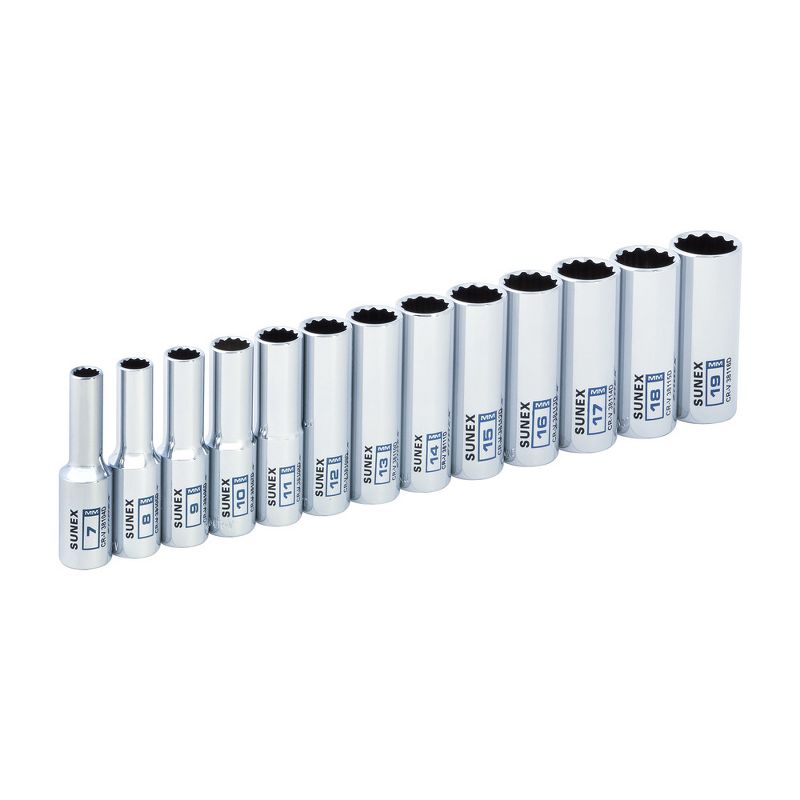 Sunex 38101D 13 Pc 3/8 in. Drive Deep Socket Set-MM 12 Pt Rail