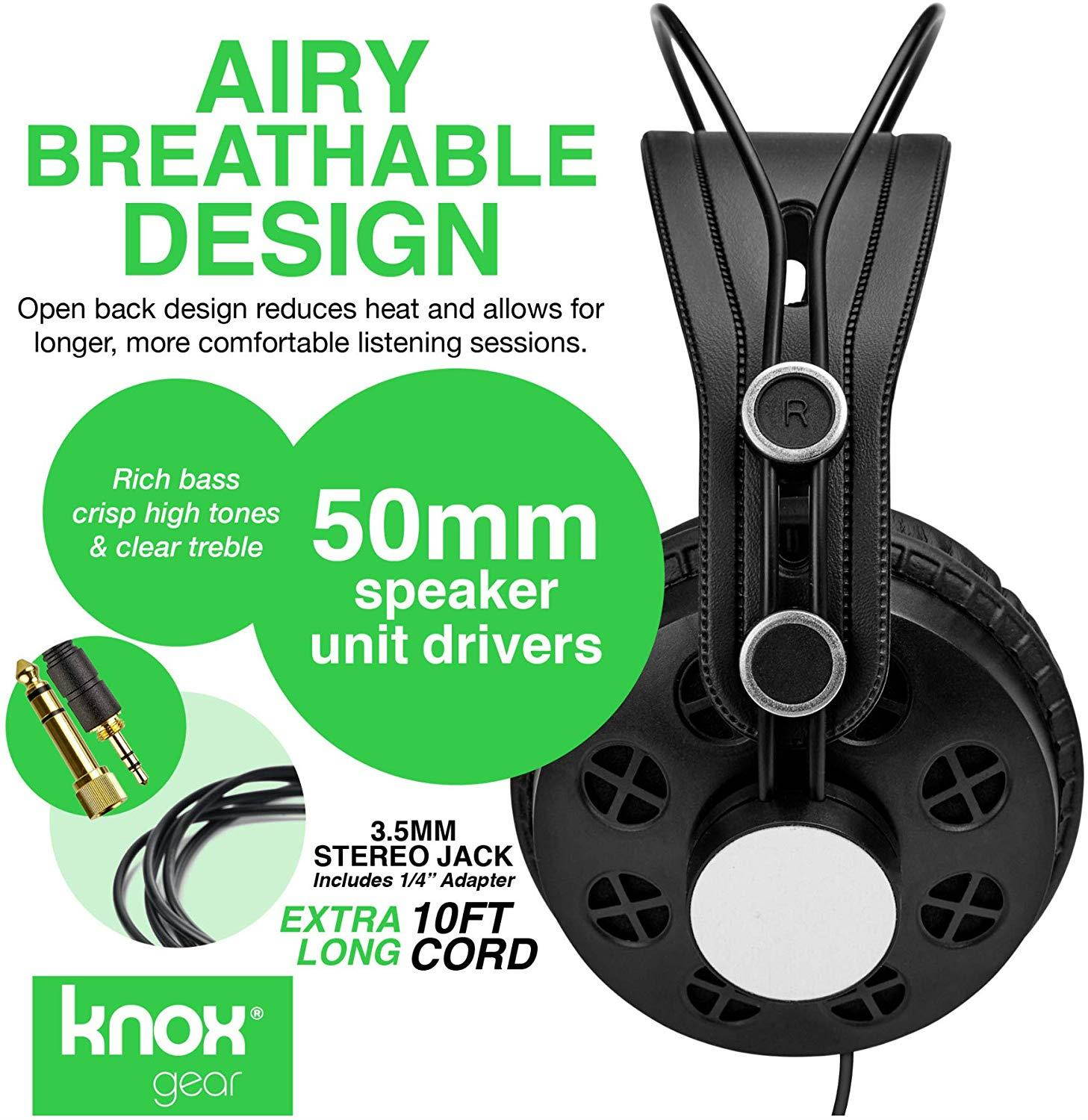Knox Open Back Studio Headphones KN-HP200 - Recording, Music and Gaming Headphones with Powerful 50mm Driver and Deep Bass Sound - Adjustable Over Ear 10 ft Wired Head Phones with Jack and Adapter