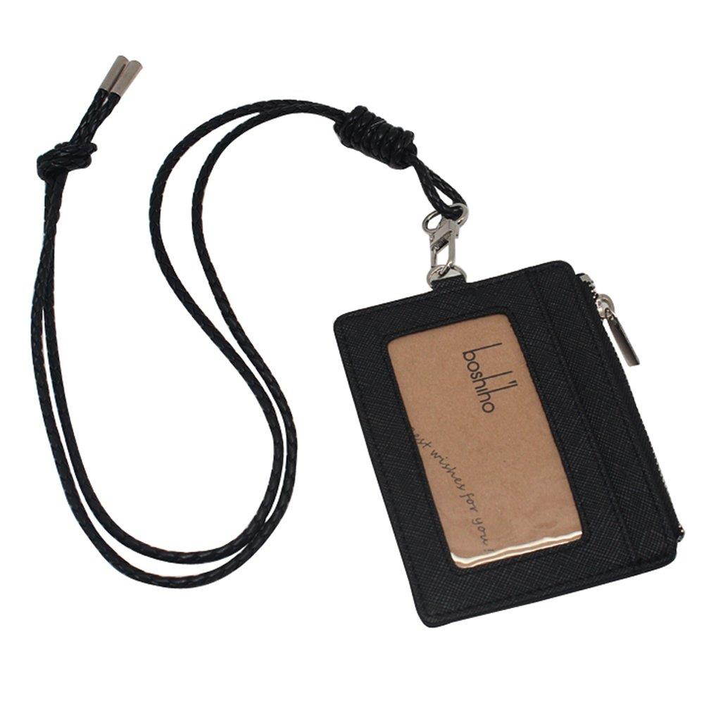 Boshiho Saffiano Leather Badge Holder ID Card Holder with Coin Change Purse