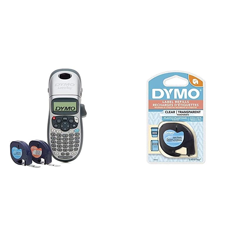 LetraTag 100H Plus Handheld Label Maker for Office or Home & Authentic LetraTag Labeling Tape for LetraTag Label Makers, Black Print on Clear pastic Tape, 1/2'' W x 13' L, 1 roll (16952)