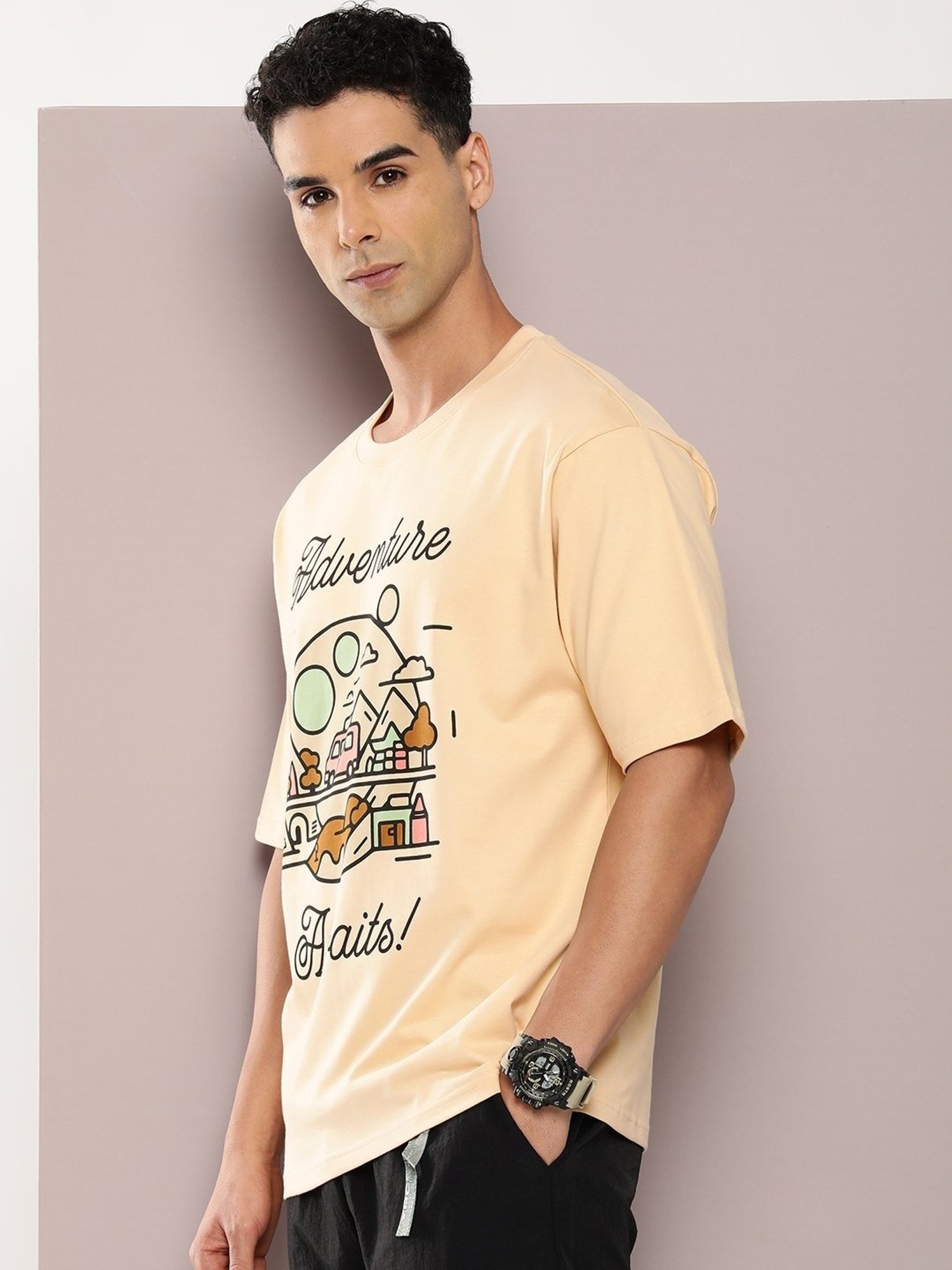 Dillinger Beige Cotton Loose Fit Printed T-Shirt