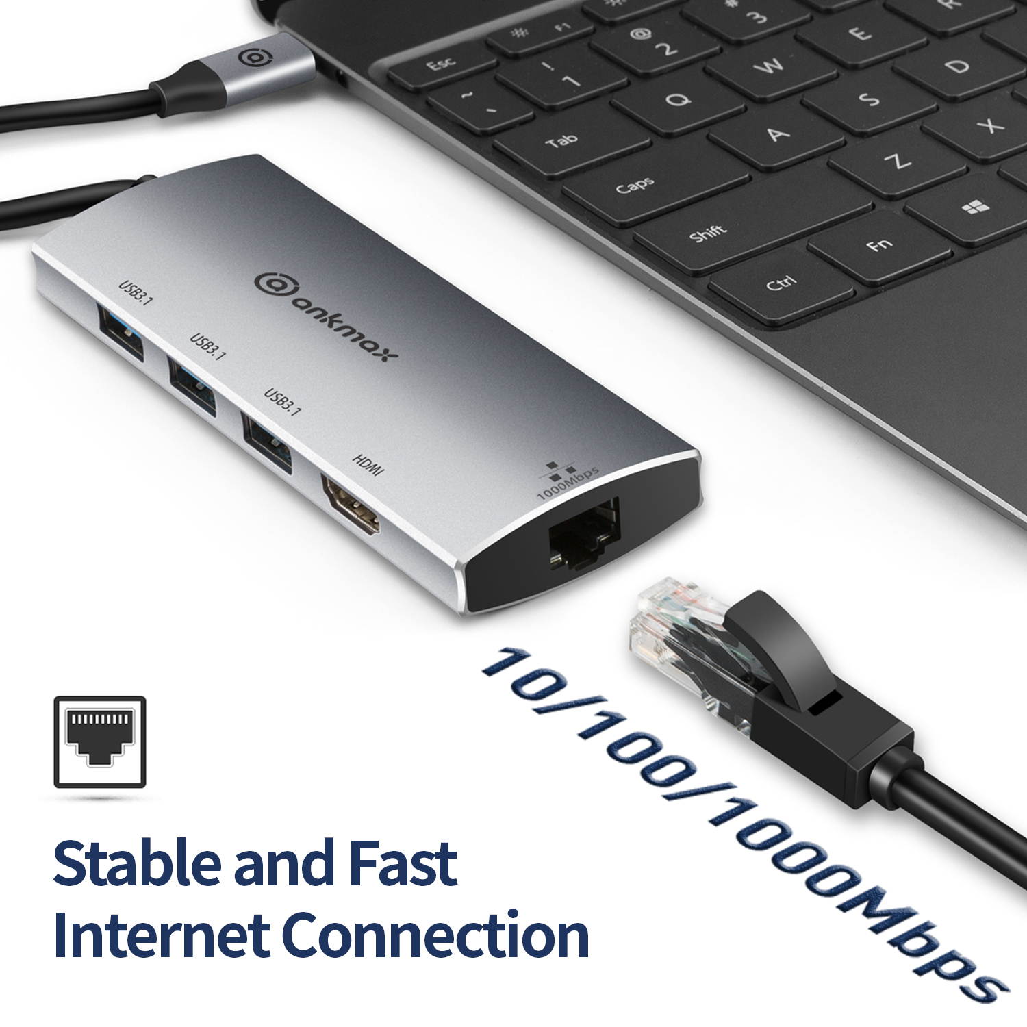 USB C Hub Ethernet Adapter Ankmax P631HG USB Type C multiport Hub with 4K HDMI, 1Gbps Ethernet Port, 3 USB 3.1, PD Charging for MacBook Pro /Air, iPad Pro and Type C Thunderbolt 3 Laptops