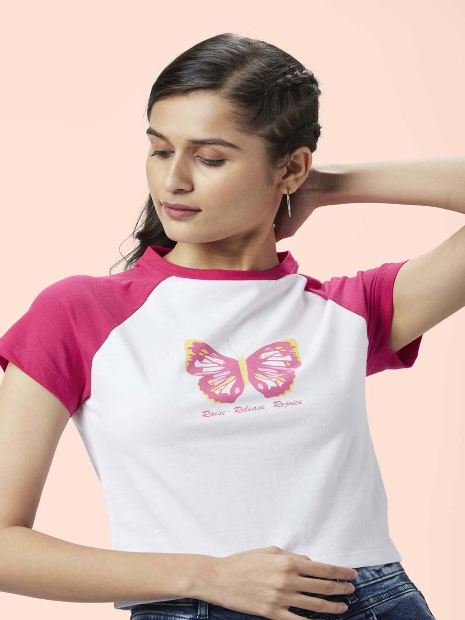 People by Pantaloons White Cotton Printed Crop T-Shirt