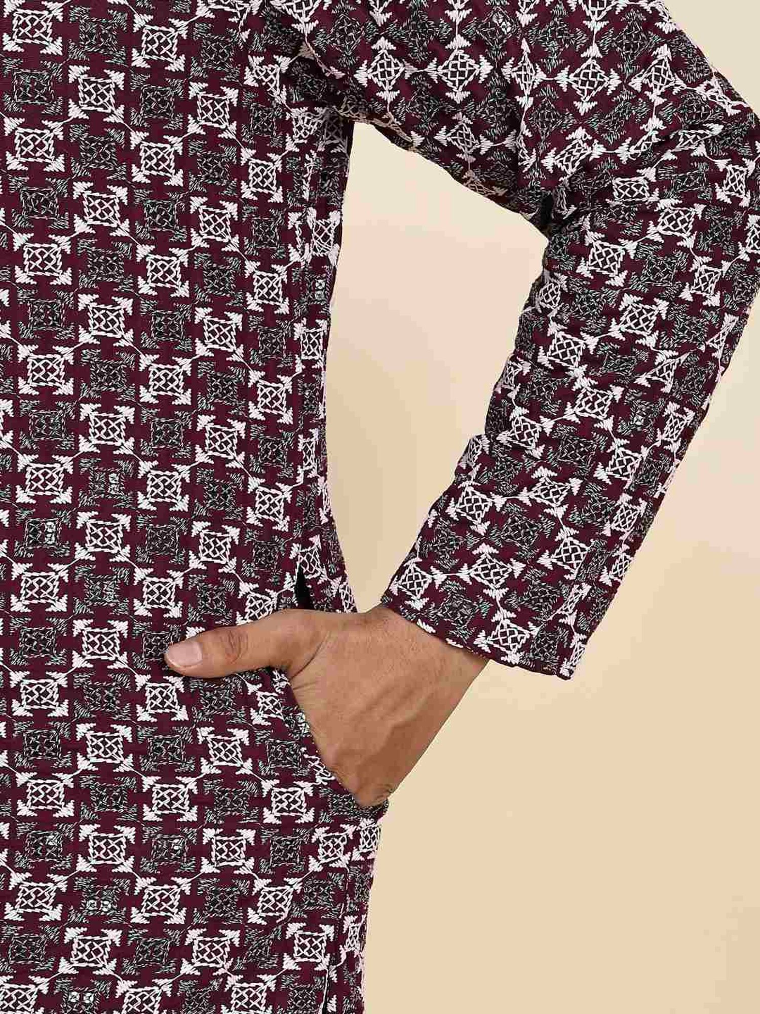 Pro-Ethic Style Developer Wine & White Cotton Regular Fit Embellished Kurta Bottom Set