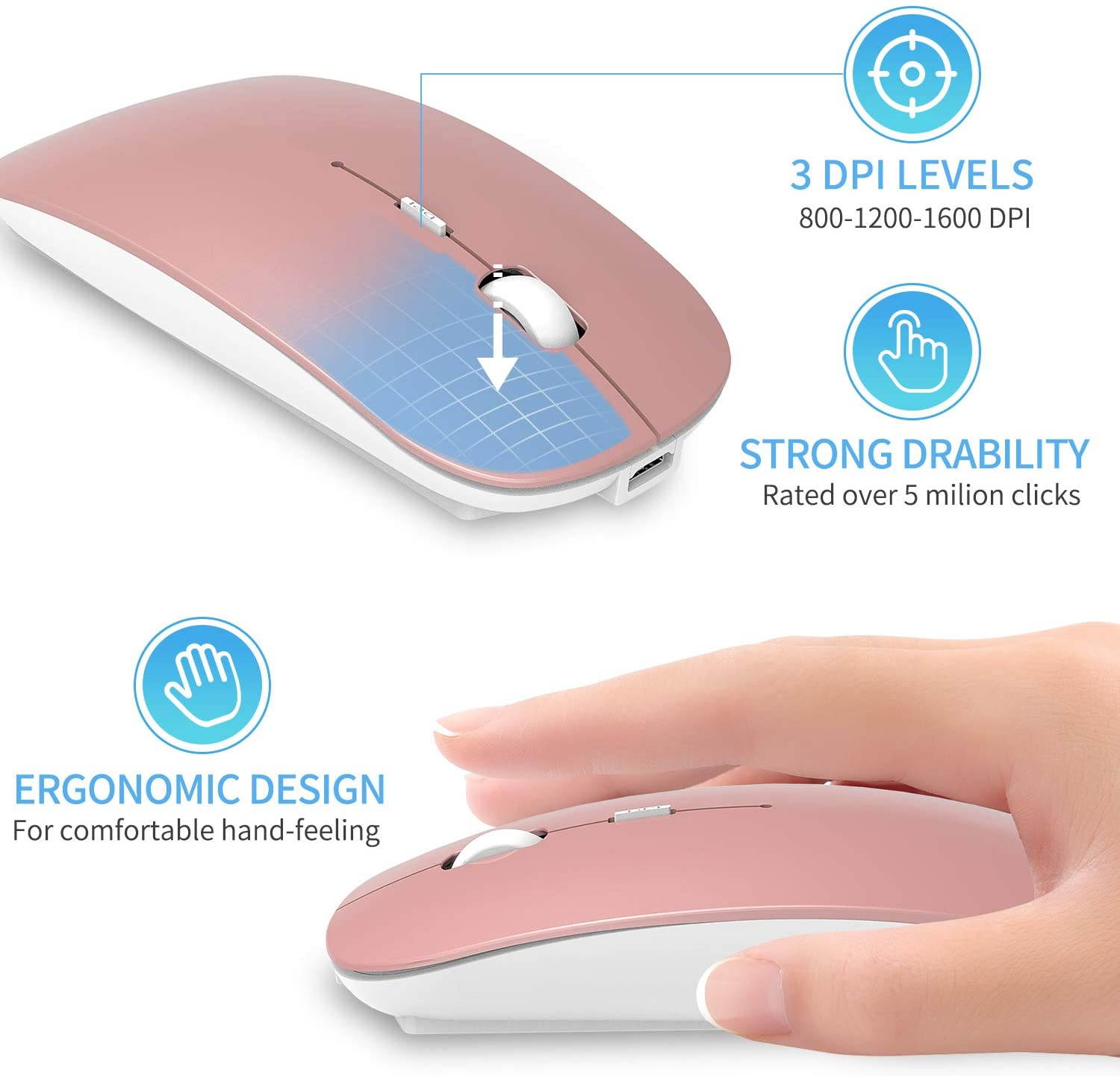 2.4GHz Wireless Bluetooth Mouse, 3 Adjustable DPI, Dual Mode Slim Rechargeable Wireless Mouse Silent USB Mice,Compatible for Laptop Windows Mac Android MAC PC Computer (Silver)