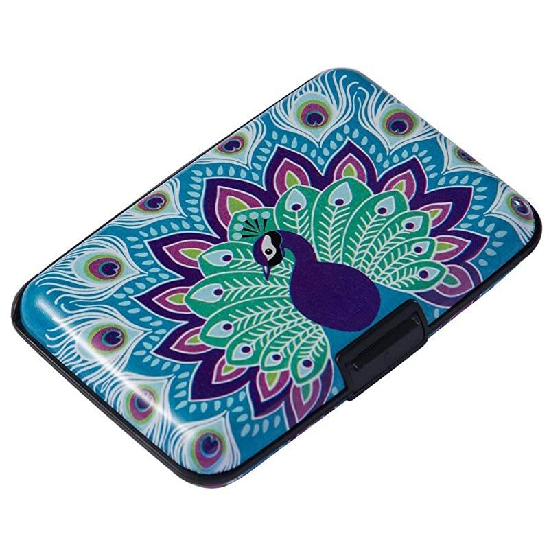 Mini RFID Aluminum Wallet Credit Cards Holder Business Card Case Metal ID Case for Men Women Blue peacock