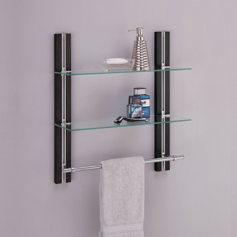 Two Tier Deluxe Wood Glass Shelf with Towel Bar Brown - Neu Home