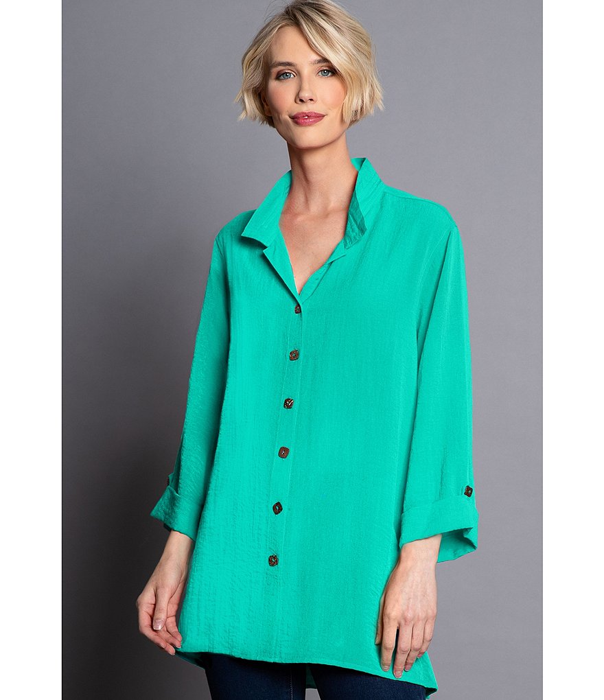 John Mark Crinkle Wire Collar 3/4 Roll Tab Sleeve Blouse