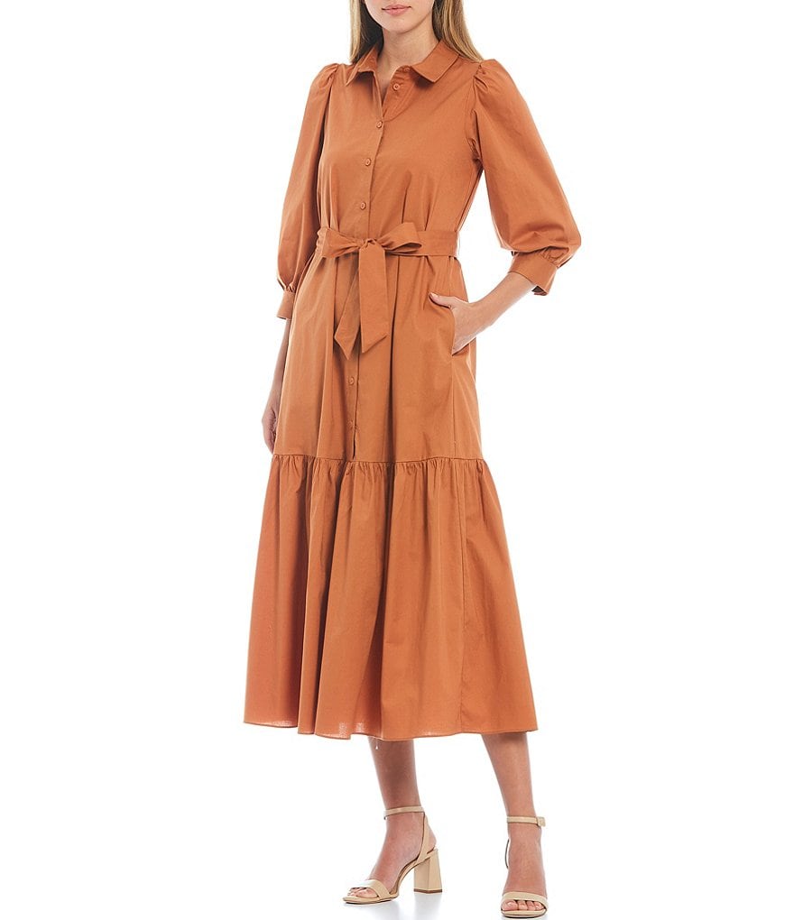Donna Morgan Cotton Ruffle Hem 3/4 Sleeve Shirt Dress