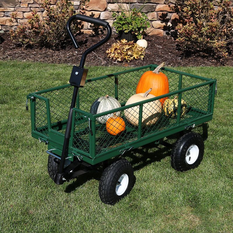 Sunnydaze Outdoor Lawn and Garden Heavy-Duty Durable Steel Mesh Utility Dump Wagon Cart with Removable Sides - Green