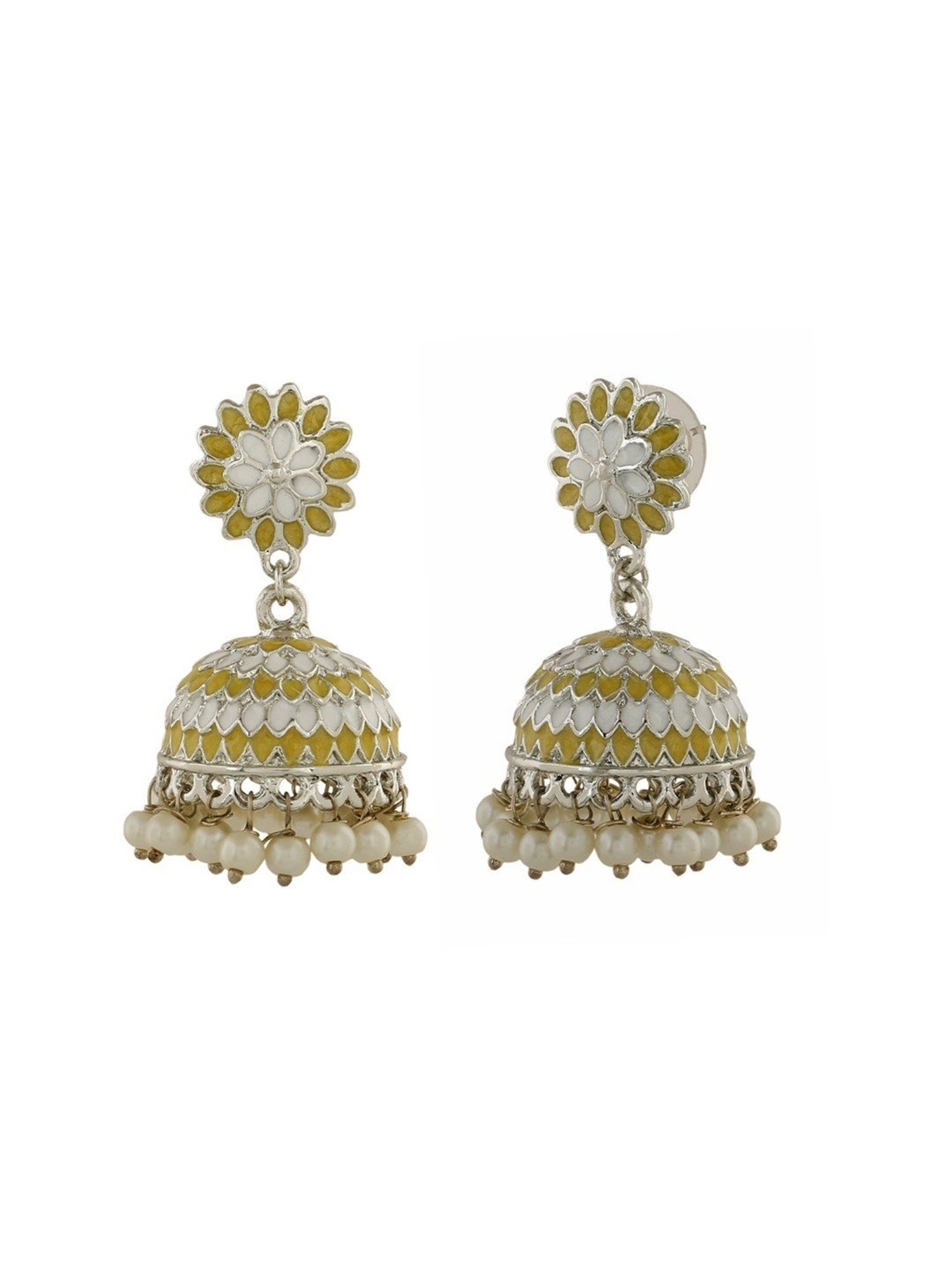 Estele Rhodium-Plated Traditional Yellow & White Meenakari Jhumki Earrings