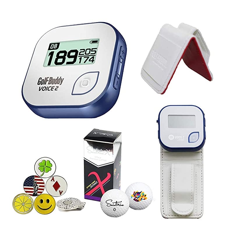 Voice 2 Golf GPS/Rangefinder Bundle with 1 Magnetic Hat Clip and 5 Ball Markers and Saintnine 3 Ball Sleeve and Belt Clip (White)