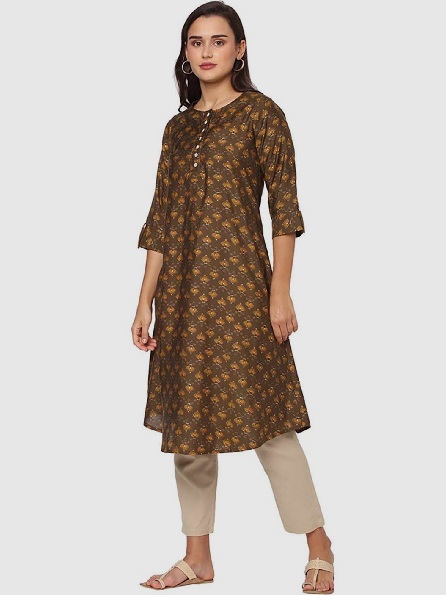 Fusion Beats Brown Printed A Line Kurta
