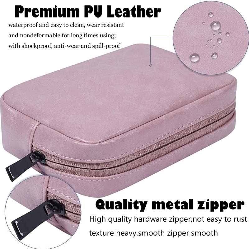 Accessories Organizer Bag Premium PU Leather Multifunctional Travel Digital Accessories Storage Bag Cable Storage Bag for Power Bank Mouse Adapter Cable Earphones Rose Powder