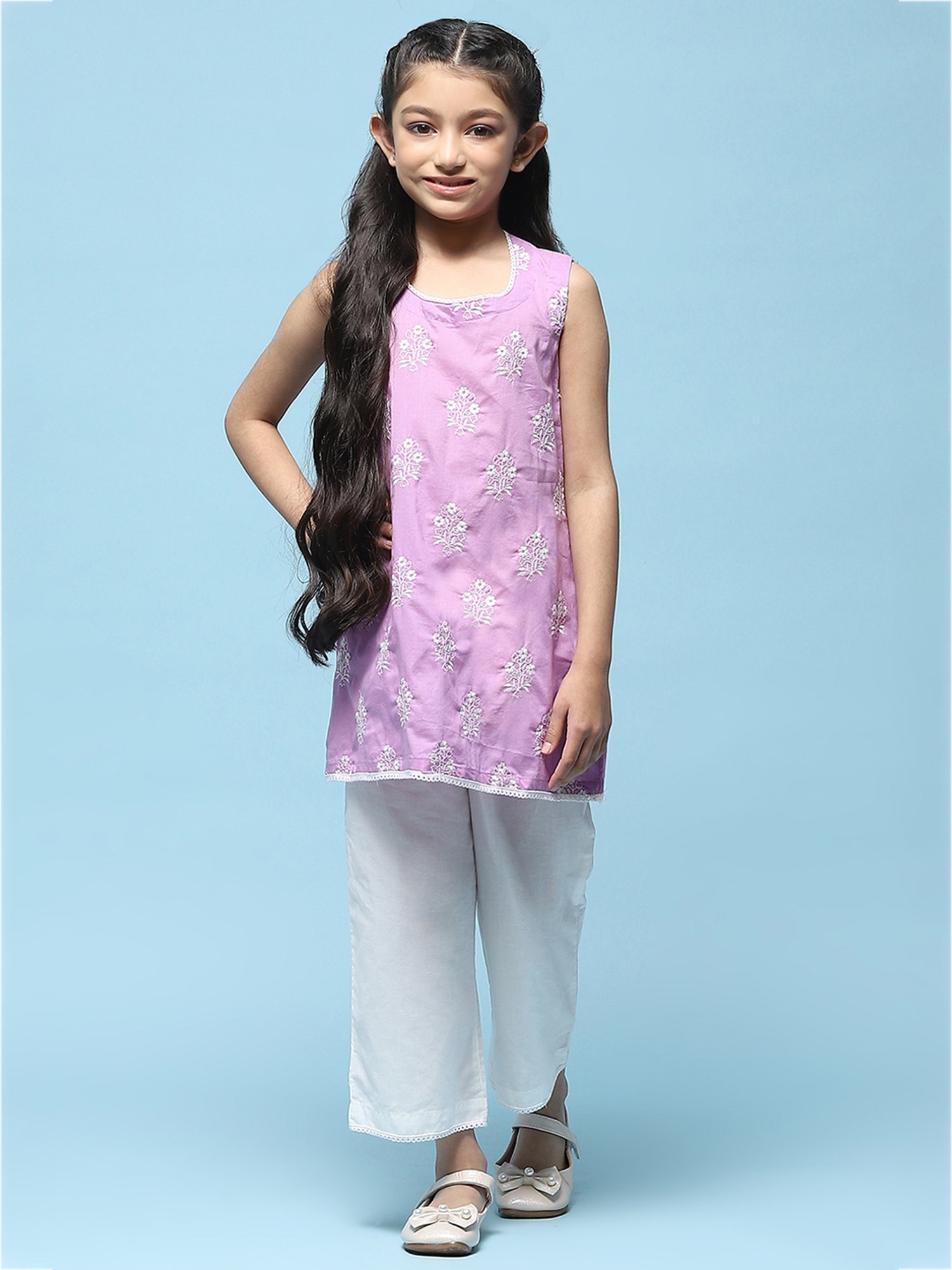 BIBA Girls Purple & White Embroidered Kurta with Plazzos