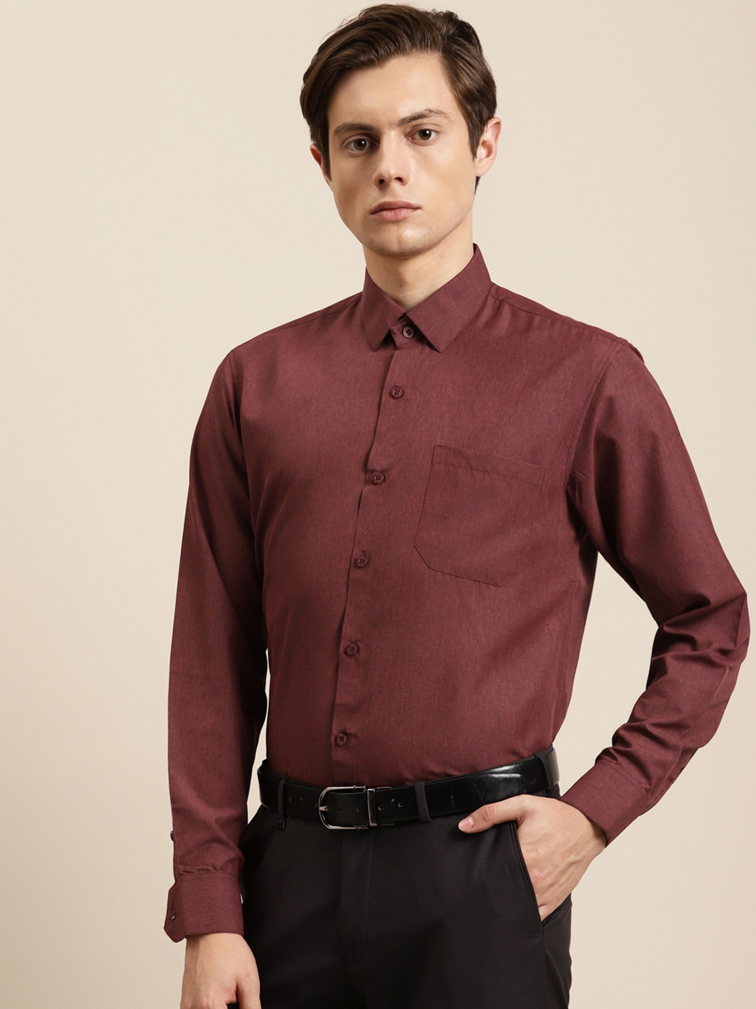 Sojanya Maroon Cotton Regular Fit Self Pattern Shirt