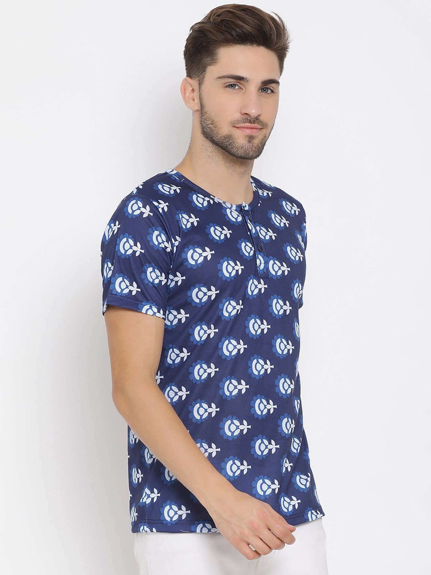 Hangup Plus Blue Regular Fit Printed Henley T-Shirt