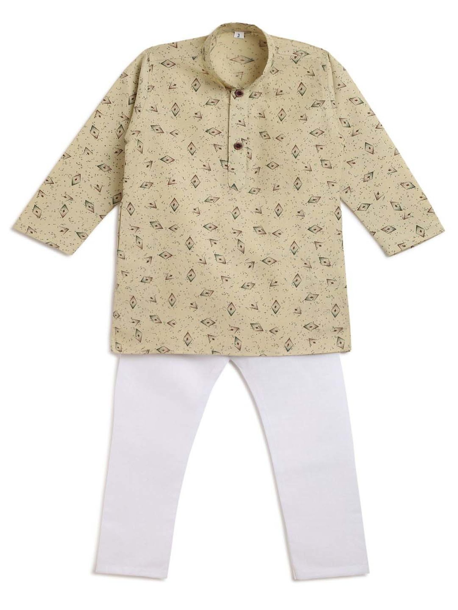 AJ Dezines Kids Beige & White Cotton Printed Full Sleeves Kurta Set