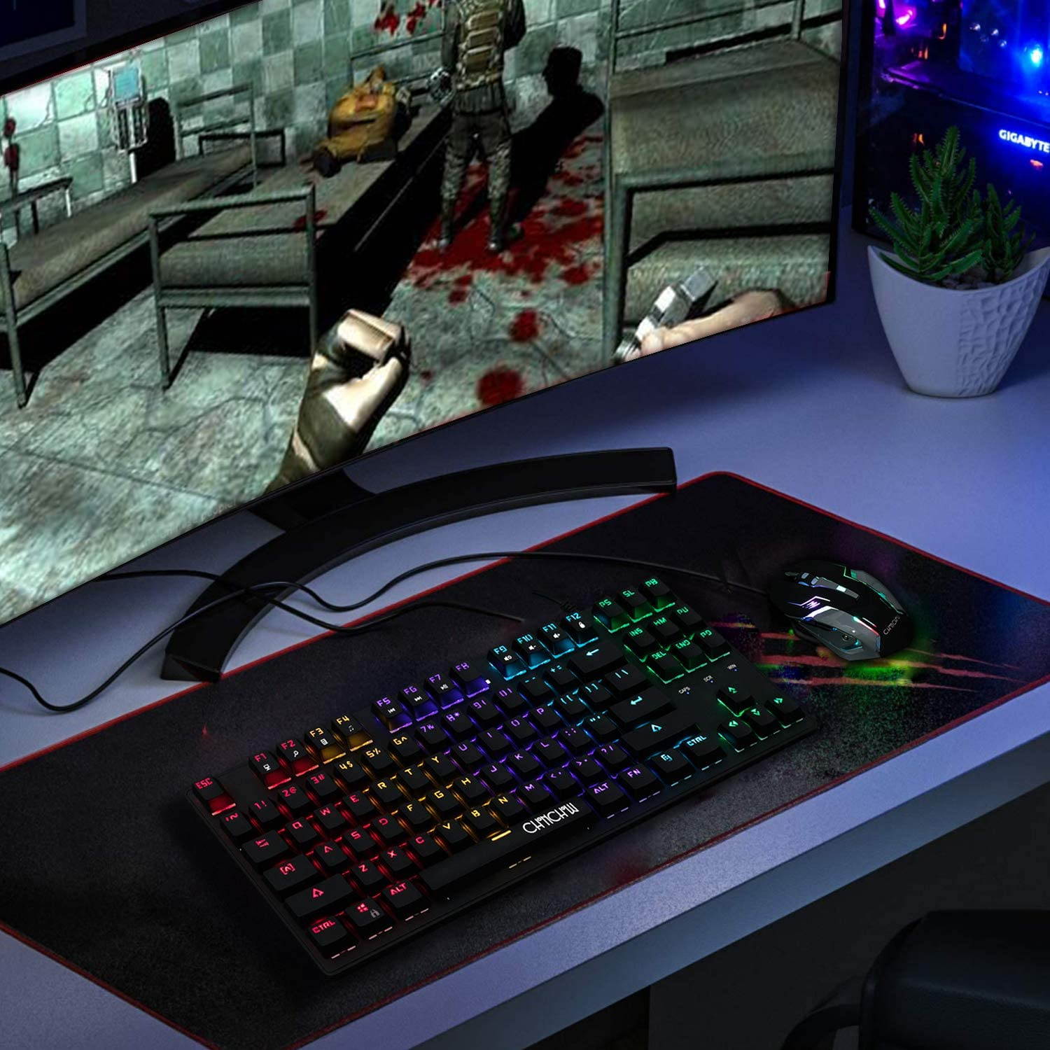 RGB Mechanical Keyboard and Mouse Combo, CHONCHOW Small 87 Keys 60% TKL Cherry MX Blue Switches Equivalent Keyboard with 3200 DPI Gaming Mouse Wired Rainbow Backlit Keyboard for Windows PC Gamers