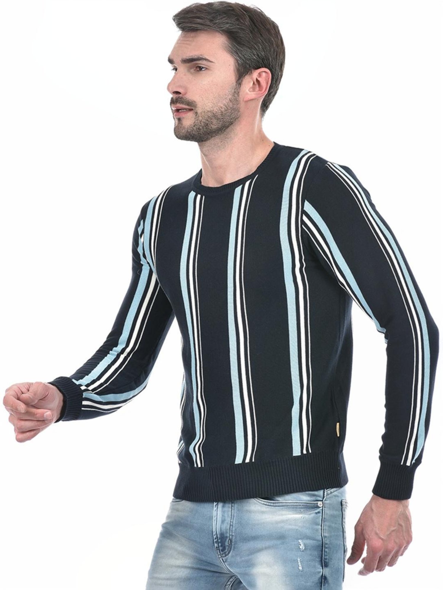 Numero Uno Navy Cotton Regular Fit Striped Sweater