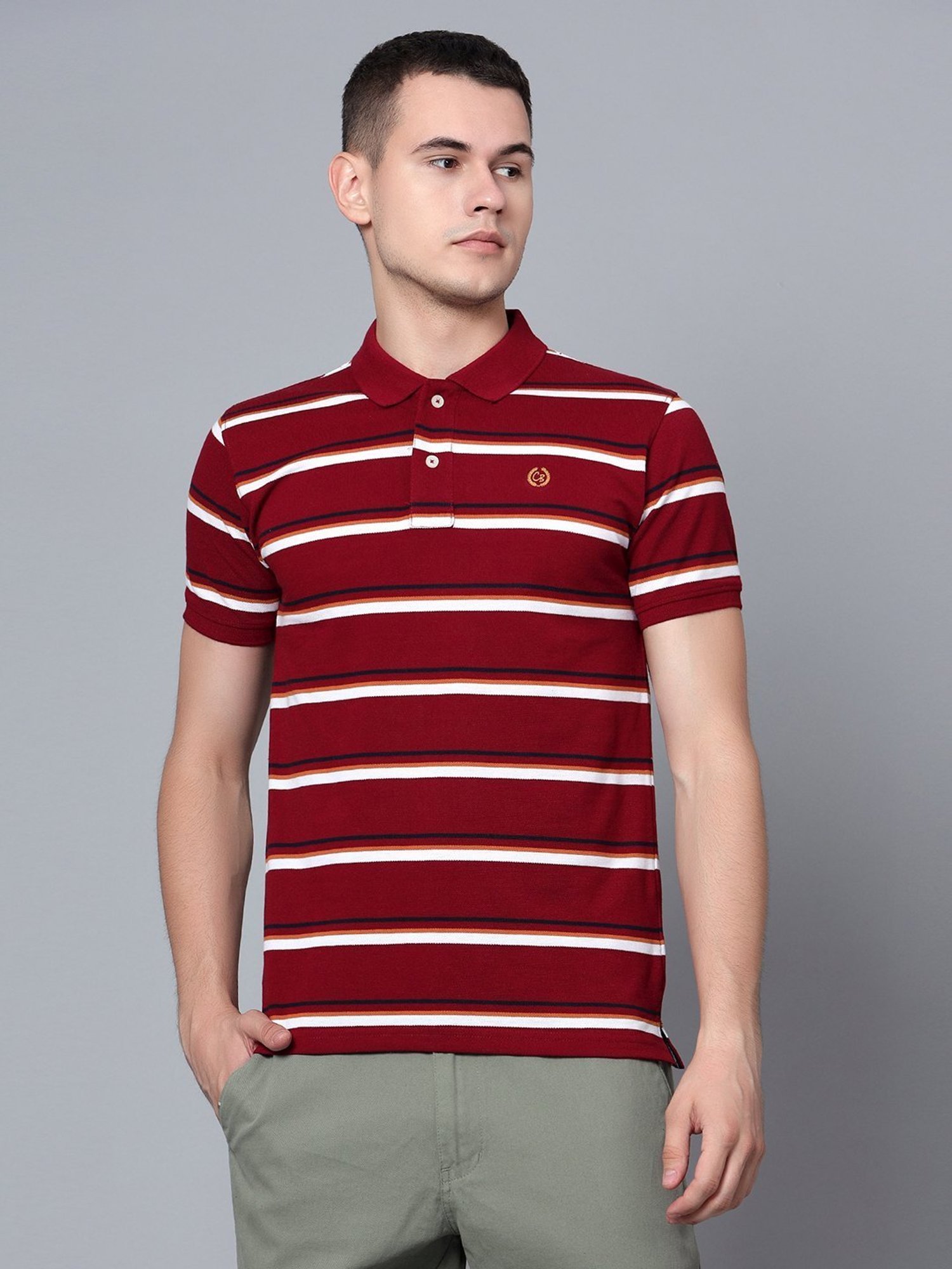 Cantabil Maroon Cotton Regular Fit Striped Polo T-Shirt
