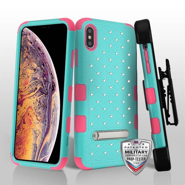 MYBAT Natural Teal Green/Electric Pink FullStar TUFF Case (w/ Stand)(with Black Horizontal Holster) for iPhone XS Max