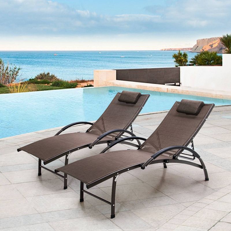 2pc Outdoor Aluminum Adjustable Reclining Chaise Lounge Chairs with Pillows - Brown - Crestlive Products