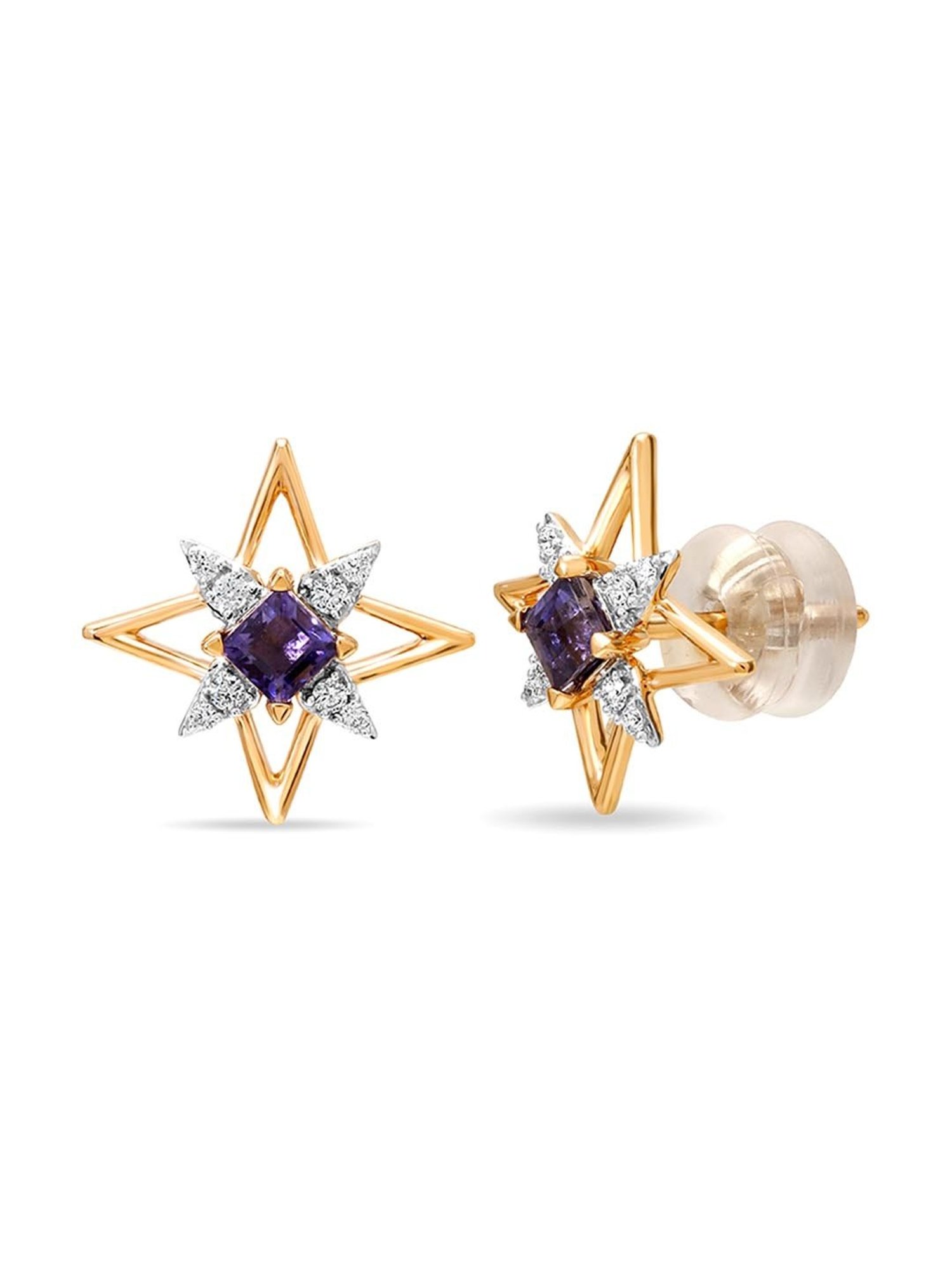 Mia by Tanishq Nature's Finest 14k Gold Shimmering Star Iolite Diamond Stud Earrrings for Women