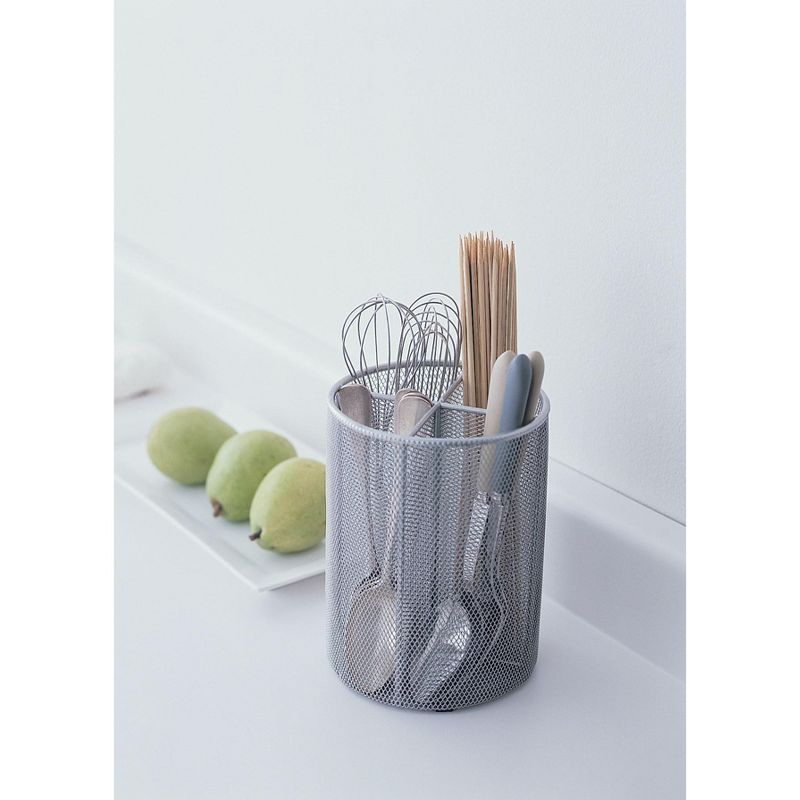 Design Ideas Four Compartments Utensil Cup - Kitchen Utensil Holder- Silver Mesh, 6" x 6" x 8"