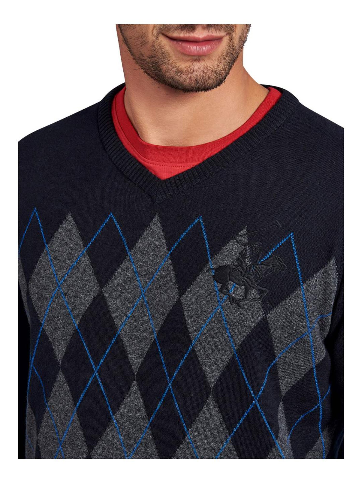 Beverly Hills Polo Club Navy Cotton Regular Fit Argyle Sweater